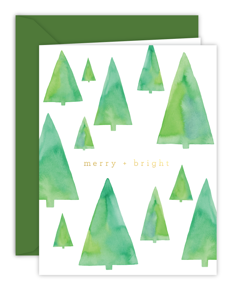Merry + Bright Watercolor Trees Christmas Card