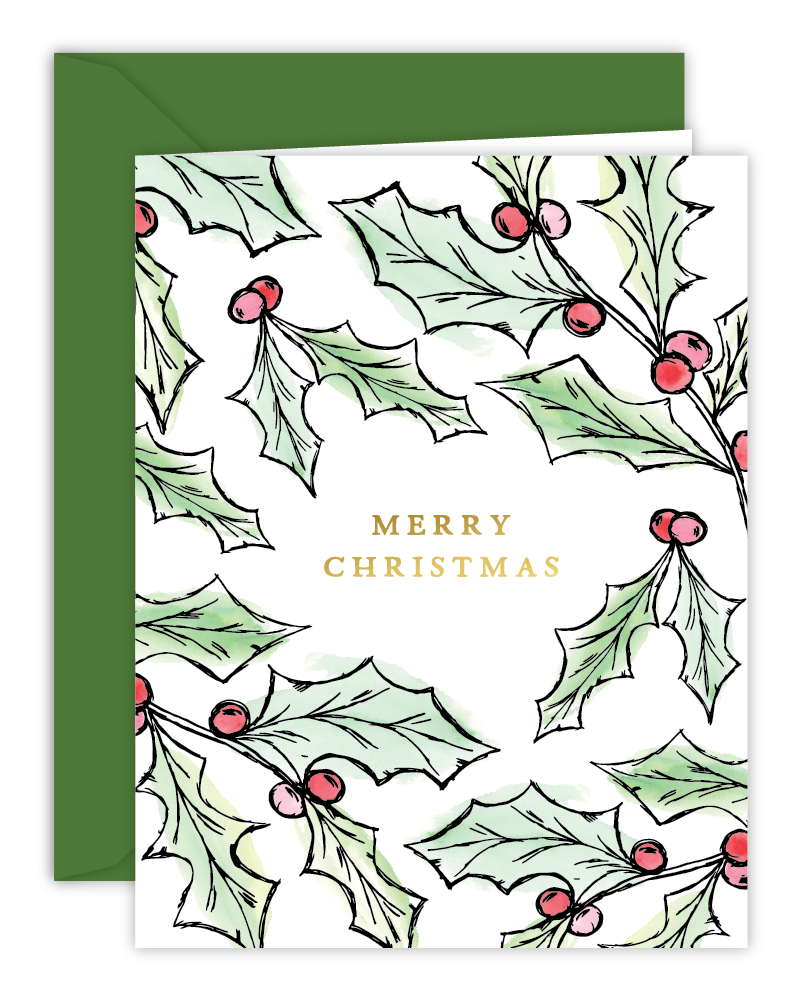 Merry Christmas Watercolor Holly Christmas Card